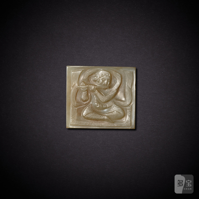 A pale celadon jade 'musician' belt plaque, Liao dynasty | 遼 青白玉伎樂紋帶板